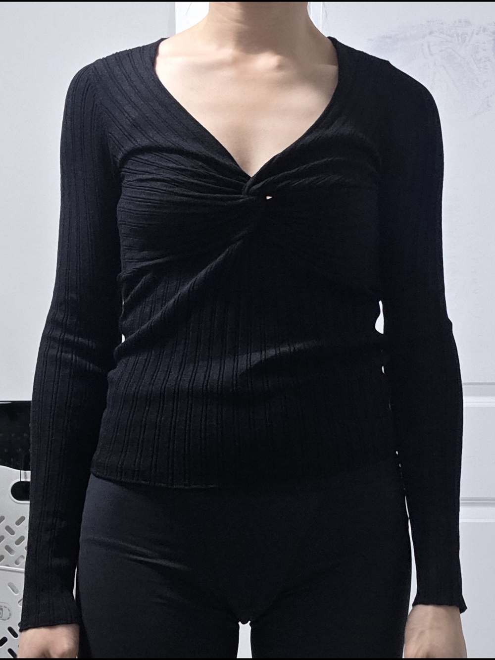 Mango Black Ribbed Twist-Front Long Sleeve Top